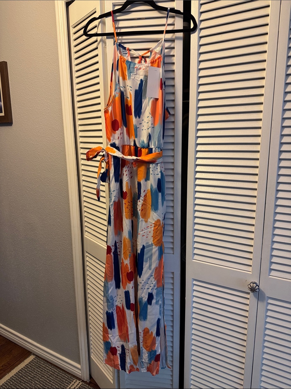 Abstract Brushstroke Sleeveless Jumpsuit in White with Orange & Blue